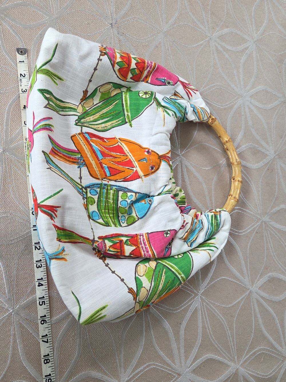 Vintage Bird, Cotton Barkcloth Handbag With Bamboo Handles! - Picture 6 of 8
